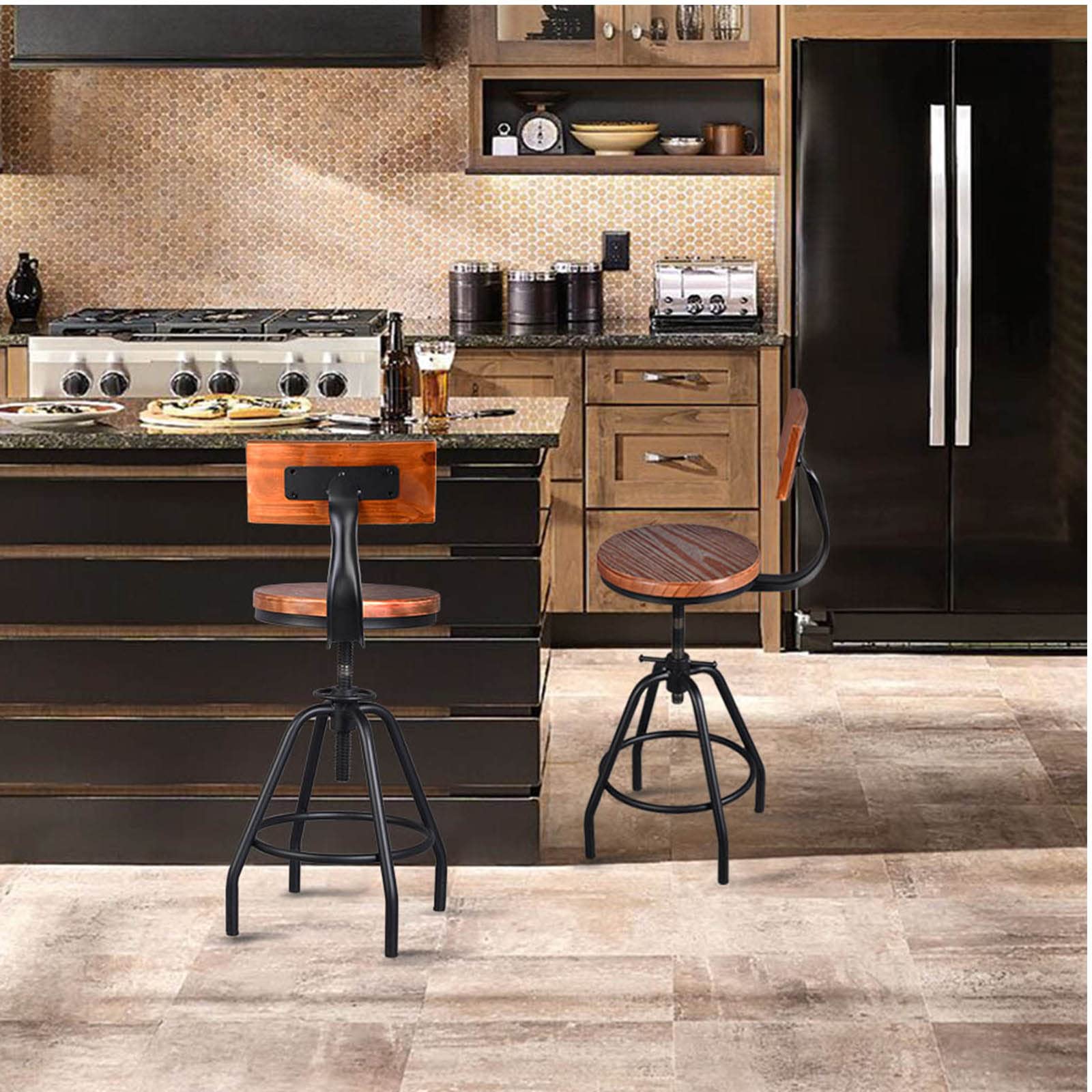 Amazon.co.jp: ヴィンテージバースツール 木製バックレスト付き 回転